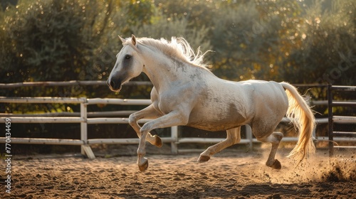 sideview of a white horse jumping and running 