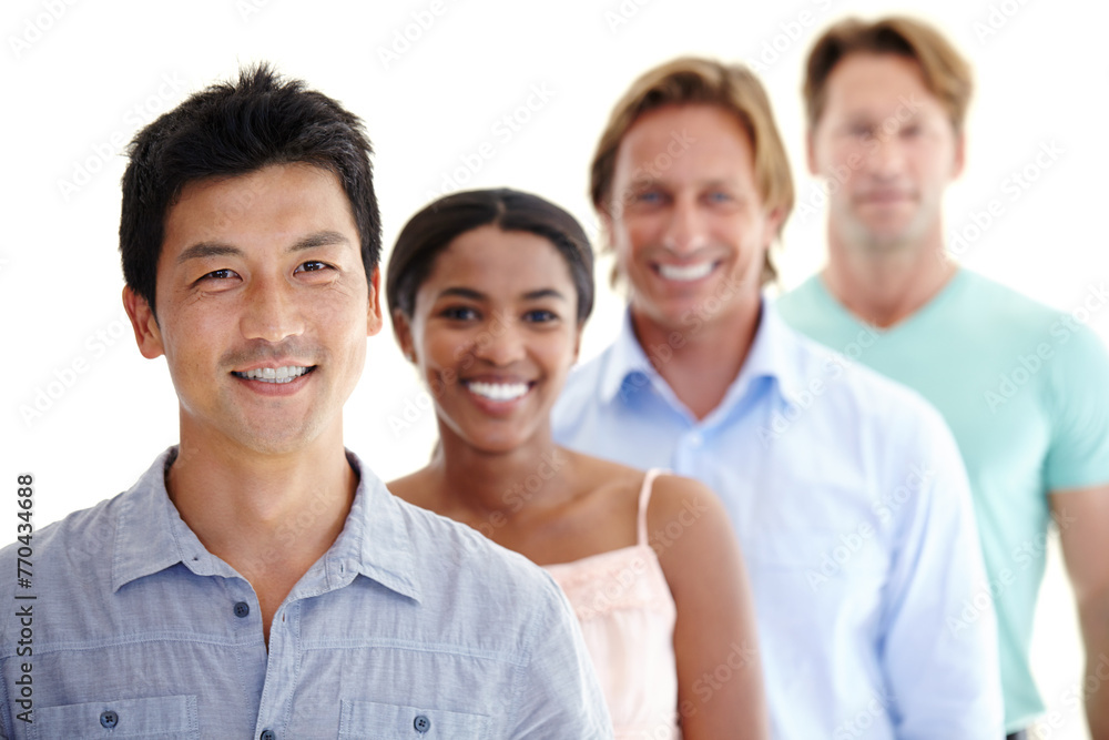 Professional, people or portrait of team with smile for community, diversity or population on white background. Collaboration, happy or partnership in creative career with staff, employees or workers Professional, people or portrait of team with smile for community, diversity or population on white background. Collaboration, happy or partnership in creative career with staff, employees or workers