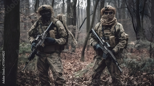 military gun fighters standing in woodland hunting with weapons