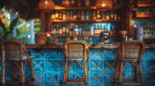 Cozy Tropical Bar Interior with Wicker Bar Stools photo