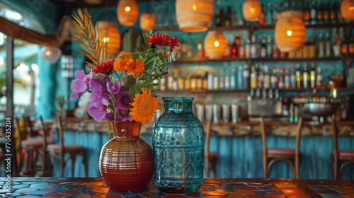 Colorful Flower Arrangement in Vase on Restaurant Bar Counter
