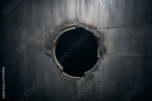 Futuristic concept concrete wall with a perfectly round hole showing the unexpected beneath