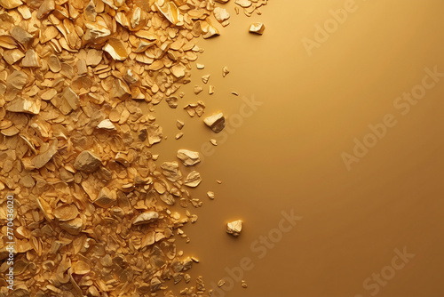 A luxurious image showcasing scattered gold flakes on a smooth gradient golden background, depicting opulence photo
