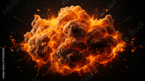 Realistic fiery bomb explosion with sparks and smoke isolated on black background © Pakhnyushchyy