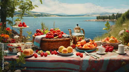 picnic with fruits and a fruit basket on a table