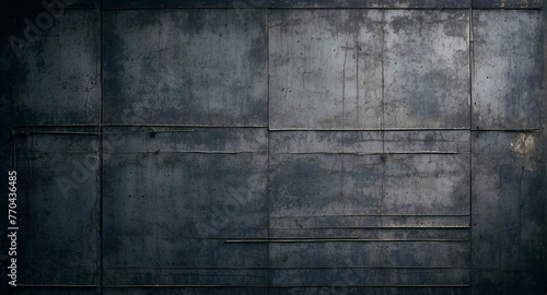 Textured image of an aged blue metal wall with evident welding seams and a dominant horizontal line