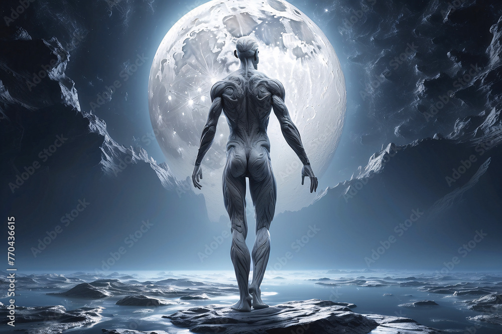 A powerful, muscular figure is depicted in front of a striking full moon, evoking a sense of myth and power - obrazy, fototapety, plakaty 