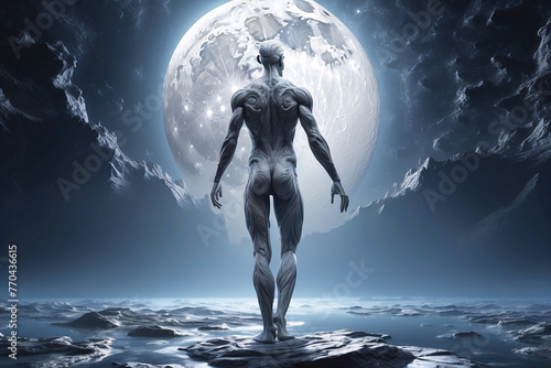 A powerful, muscular figure is depicted in front of a striking full moon, evoking a sense of myth and power