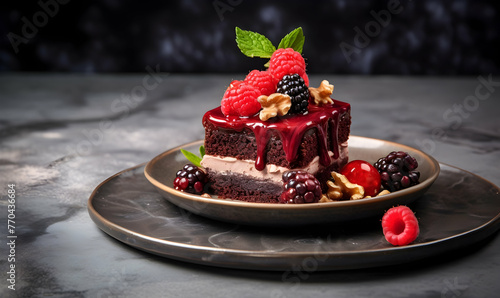 Red berry with brownies cake with walnut