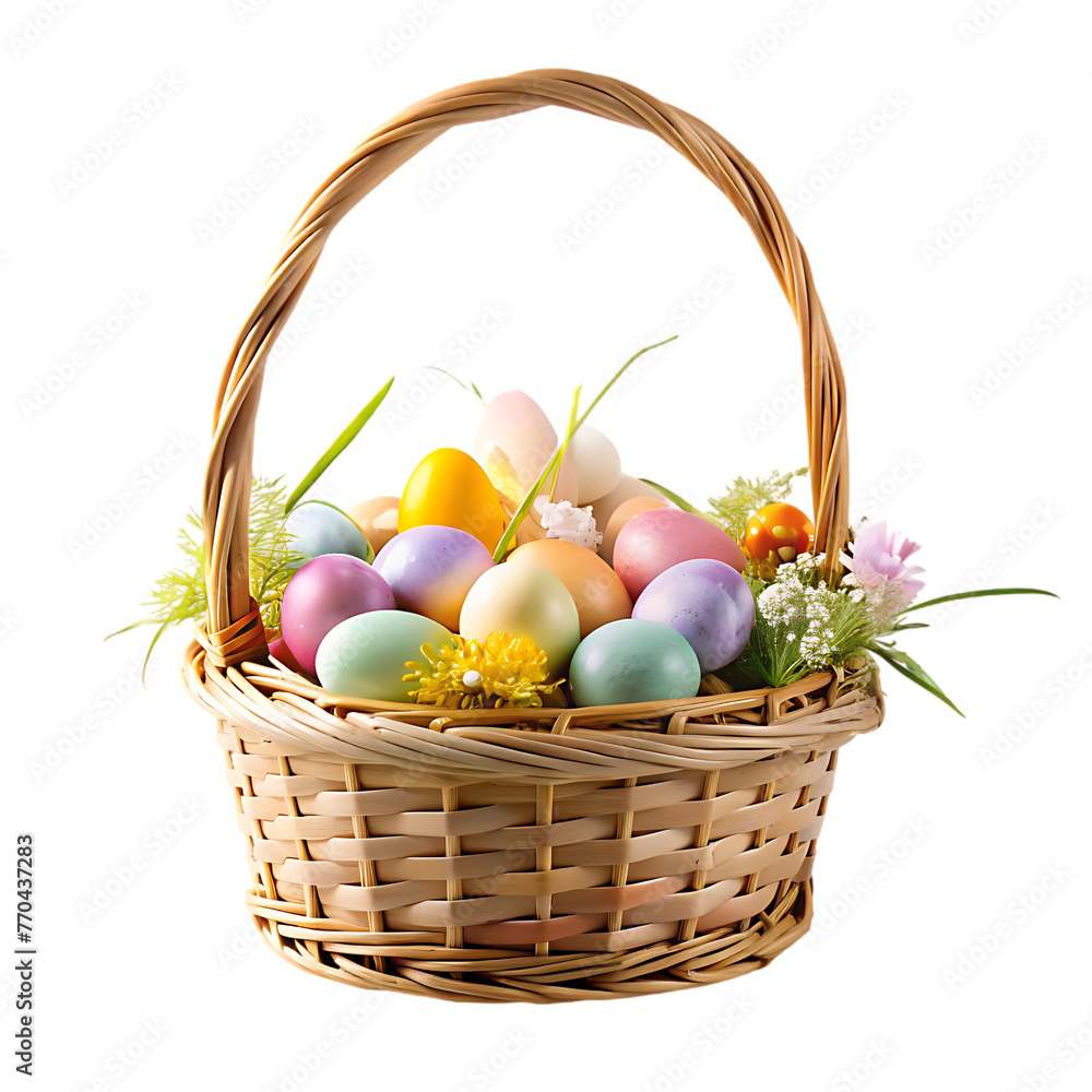 easter egg in a basket full of grass isolated on the alpha layer,