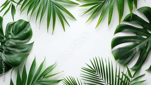 Tropical leaves border on a white background with copy space.