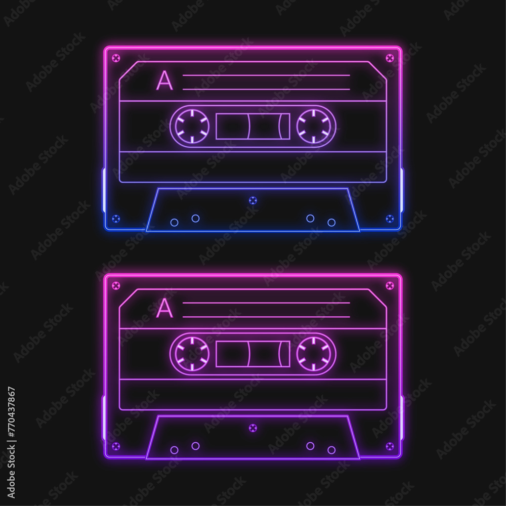 Obraz premium Neon retro audio pink cassette tape, a vector illustration set. Isolated on the black background