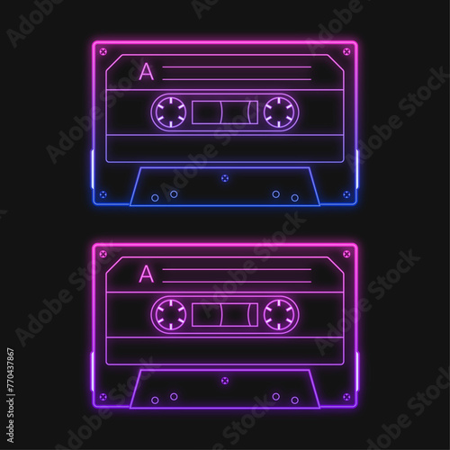 Neon retro audio pink cassette tape, a vector illustration set. Isolated on the black background