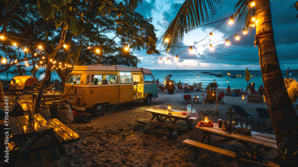 Van life at tropical beach. Van parked at beach, coast at sunset. Camping grounds. Exploration and freedom. Van life at tropical beach. Van parked at beach, coast at sunset. Camping grounds. Exploration and freedom.