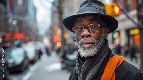 A African American man with a hat and glasses is standing on a city street. He is wearing a scarf and he is cold. The street is busy with cars and people walking around