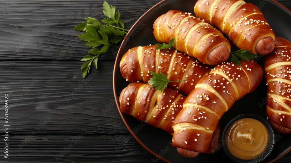 Mini pretzel hot dog pigs in a blanket with dijon mustard for dipping