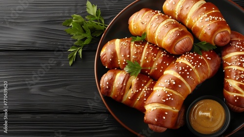 Mini pretzel hot dog pigs in a blanket with dijon mustard for dipping. with copy space image. Place for adding text or design photo