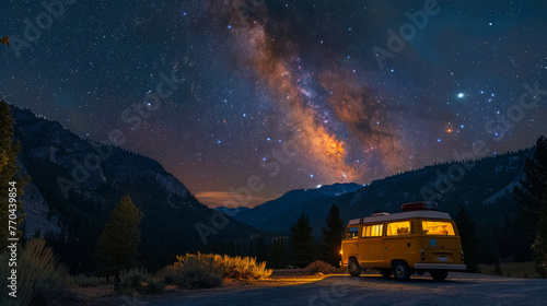 Camper van parked at night in national park. Milky way in the night sky. Outdoors. Adventure. Travel. Atmospheric ambient lighting. Van life. Explorers.	