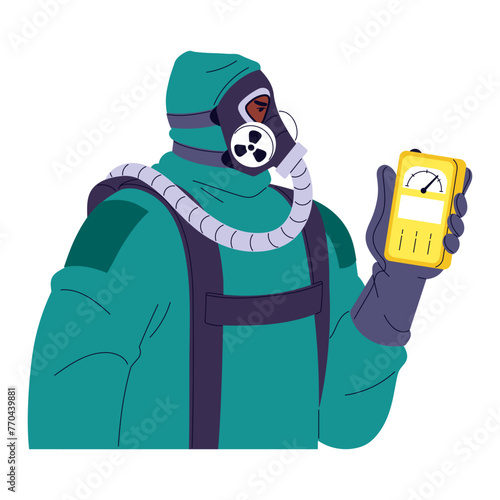 Worker in safety suit holds geiger counter in hand, measures level of radiation pollution with equipment. Person takes precautions to radioactive danger. Flat isolated vector illustration on white