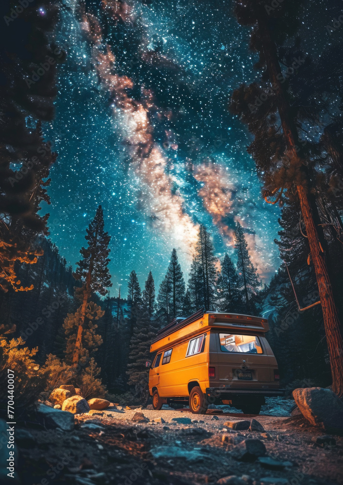 Camper van parked at night in national park. Milky way in the night sky. Outdoors. Adventure. Travel. Atmospheric ambient lighting. Van life. Explorers. Camper van parked at night in national park. Milky way in the night sky. Outdoors. Adventure. Travel. Atmospheric ambient lighting. Van life. Explorers.