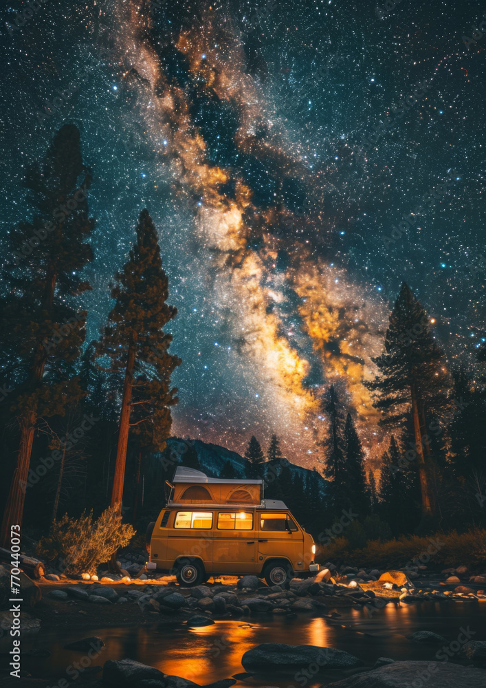 Camper van parked at night in national park. Milky way in the night sky. Outdoors. Adventure. Travel. Atmospheric ambient lighting. Van life. Explorers. Camper van parked at night in national park. Milky way in the night sky. Outdoors. Adventure. Travel. Atmospheric ambient lighting. Van life. Explorers.