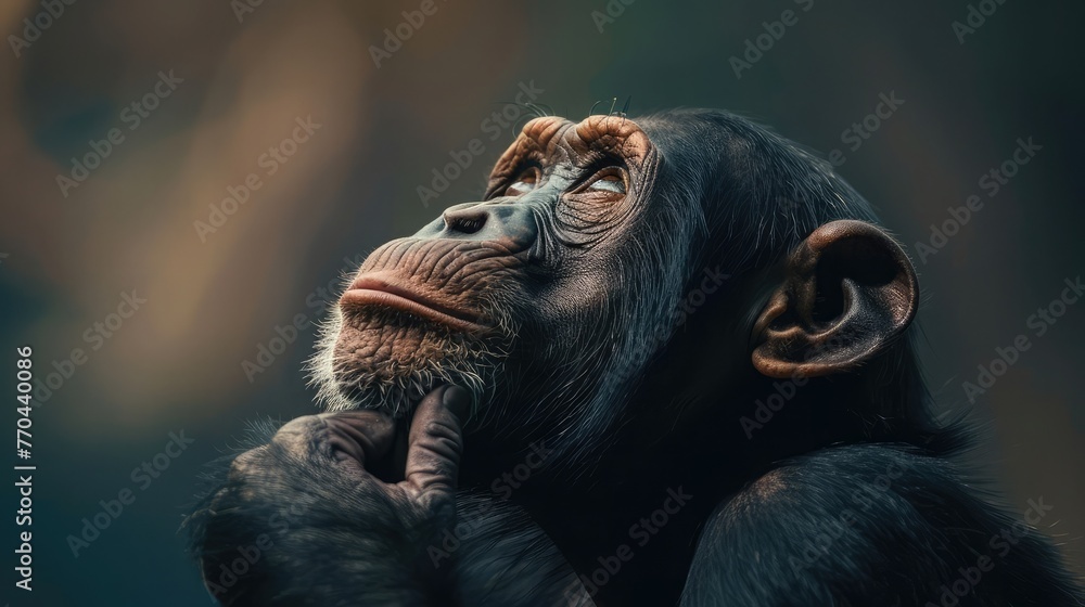 chimpanzee thinking with hand on its chin, staring thoughtfully, curious like asking a question, sitting and relax in the nature Concept biodiversity and wildlife conservation