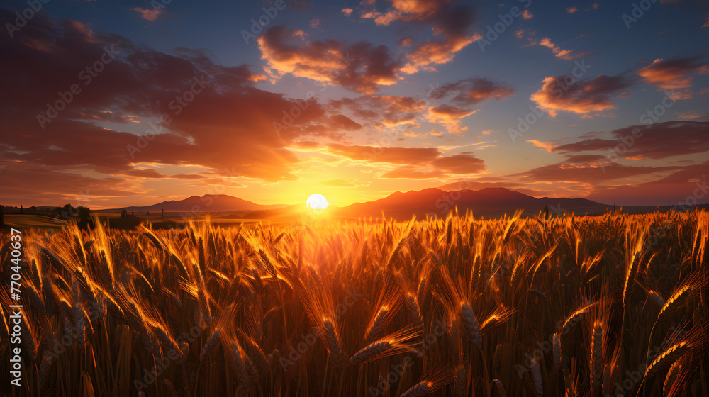 a field of wheat at sunset with sunrise - obrazy, fototapety, plakaty 