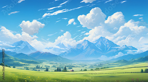 a green field in a blue sky with mountain peaks