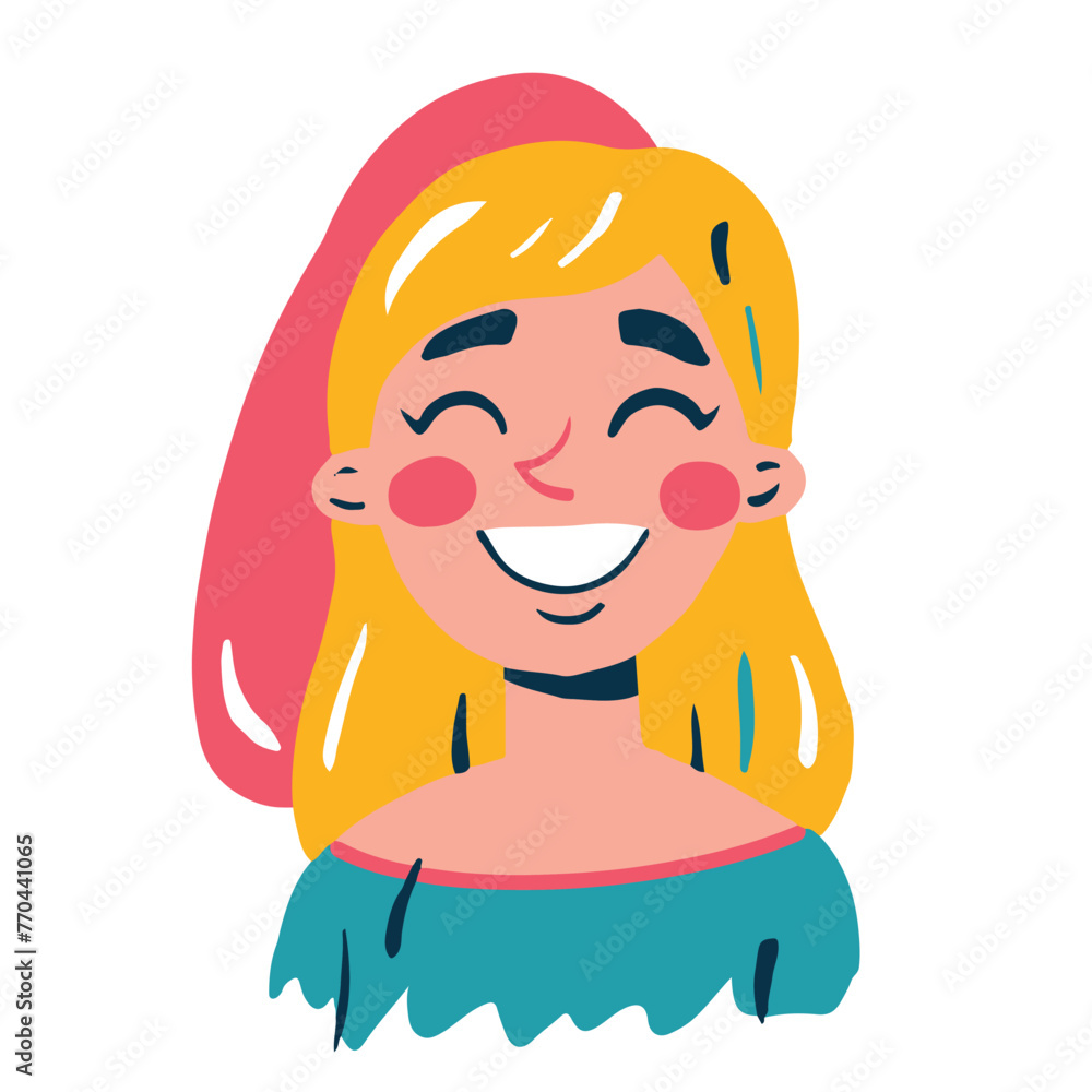 funny portrait of a young woman, illustration in cartoon. trendy colors and abstract spots funny portrait of a young woman, illustration in cartoon. trendy colors and abstract spots