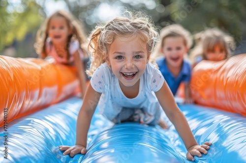 Group of happy excited girls having fun on inflatable attraction playground concept photo