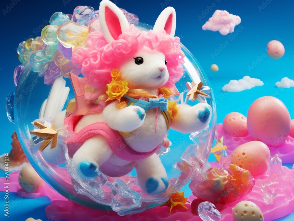 Astronaut bunny floating with space debris Earth Astronaut bunny floating with space debris Earth