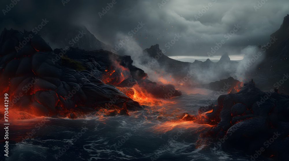 a lava landscape with dark clouds and a volcano a lava landscape with dark clouds and a volcano