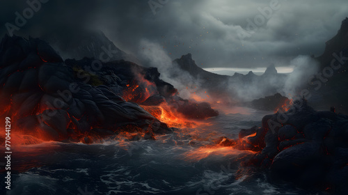 a lava landscape with dark clouds and a volcano