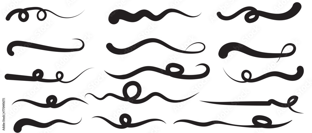 Set of Swoosh and swoop underline typography tails shape in flat styles. Brush drawn curved smear. Hand drawn curly swishes, swash, twiddle. Vectors calligraphy doodle swirl on white background. Set of Swoosh and swoop underline typography tails shape in flat styles. Brush drawn curved smear. Hand drawn curly swishes, swash, twiddle. Vectors calligraphy doodle swirl on white background.