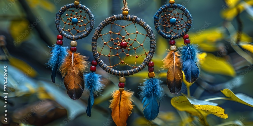 A handmade tribal dreamcatcher adorned with feathers, symbolizing spirituality and protection in blue hues.