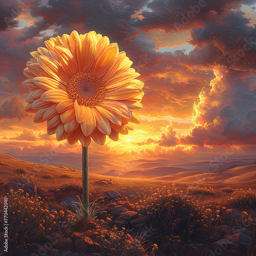 painting of a sunflower in a field with a sunset in the background