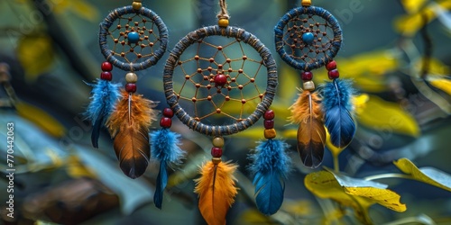 A handmade tribal dreamcatcher adorned with feathers  symbolizing spirituality and protection in blue hues.