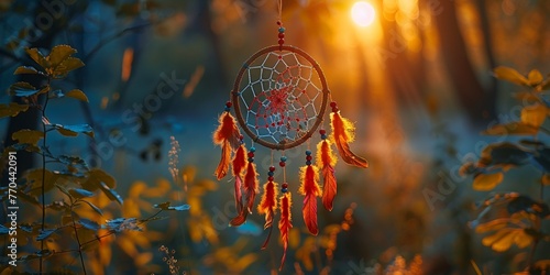 A mystical sunset woods with a handmade dreamcatcher, symbolizing protection and spirituality.