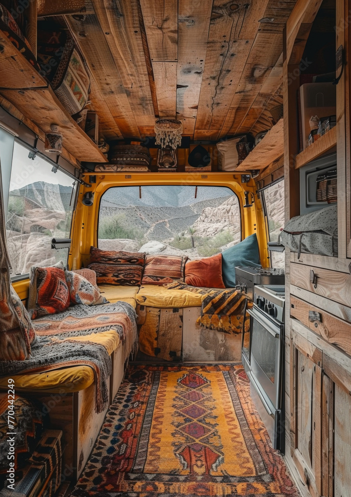Interior view of camper van looking out to national park desert. Bed, kitchen, pillows and travel comfort. Outdoors. Adventure. Travel. Cozy van life. Explorers.
