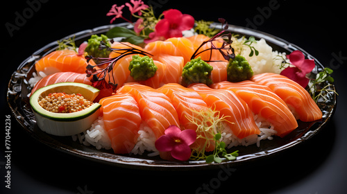 a plate of sushi with fresh sashimi