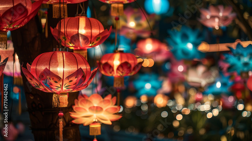 Tranquil scene showcases numerous colorful lanterns illuminating a street, evoking feelings of celebration and cultural festivity