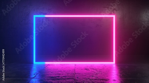 Square rectangle picture frame with two tone neon color on black wall and floor