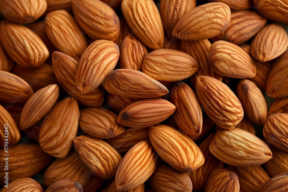 Closeup of Heap of Nutritious Brown Almonds Filling Frame as Healthy Snack or Ingredient Closeup of Heap of Nutritious Brown Almonds Filling Frame as Healthy Snack or Ingredient