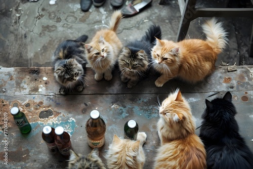 Mischievous Feline Fiesta A Group of Playful and Drunken Cats Enjoying a Relaxing Gathering photo