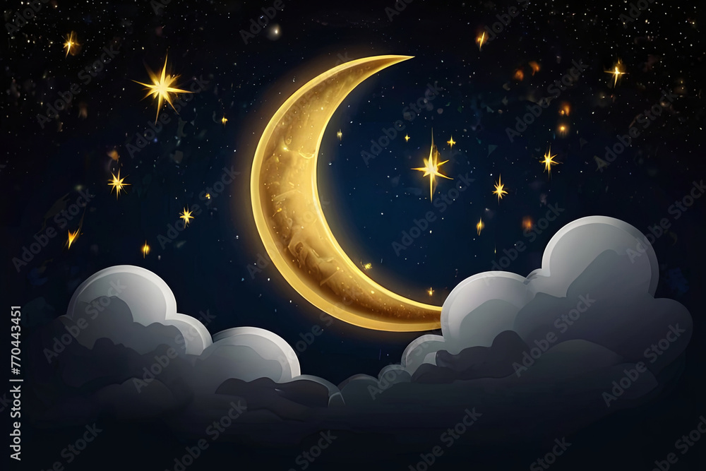 Golden crescent moon, stars, and clouds adorn the dark night sky in this mesmerizing background image. Golden crescent moon, stars, and clouds adorn the dark night sky in this mesmerizing background image.