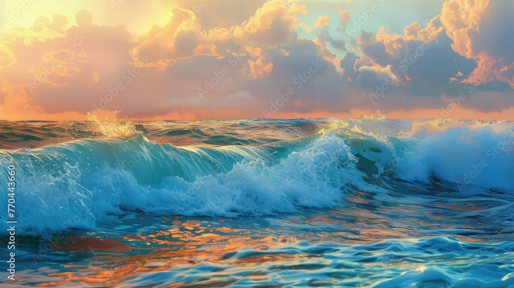Colorful sky and ocean wave abstract background. Oil painting style.