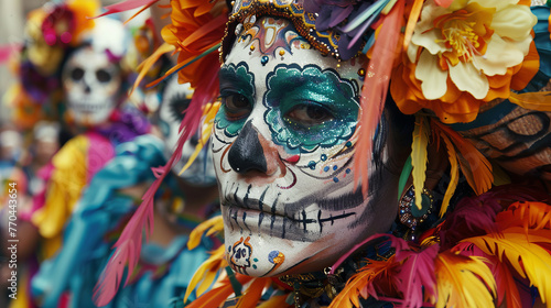 A person wears colorful makeup and costume for Mexico's Dia de los Muertos celebration photo