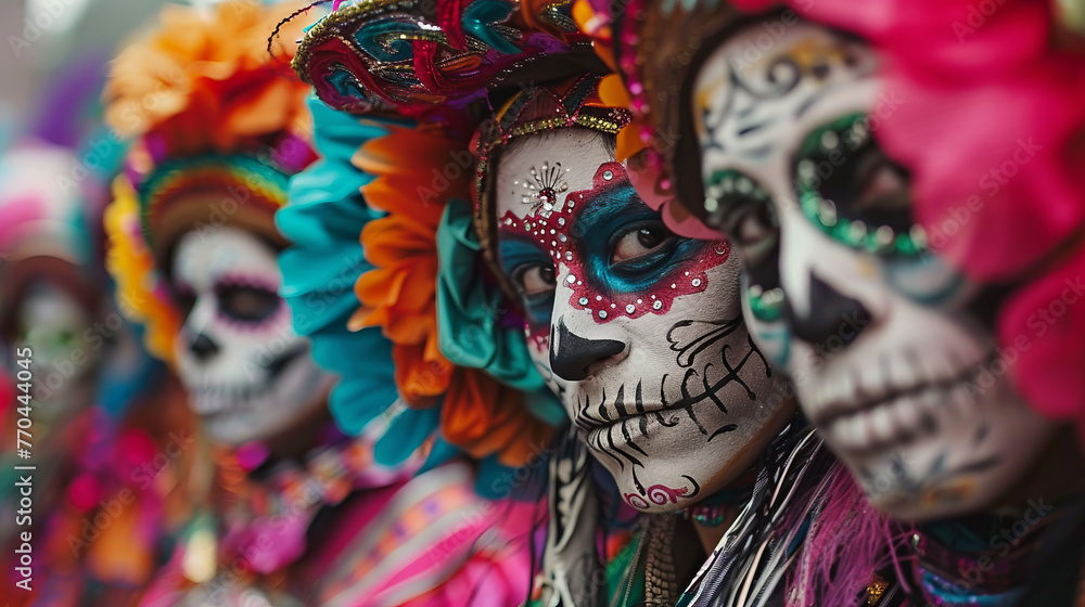 Multiple individuals in Dia de los Muertos makeup show off a variety of sugar skull designs