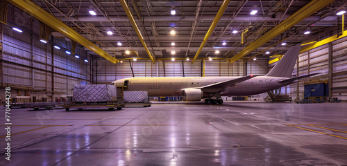 A large airplane is parked in a hangar