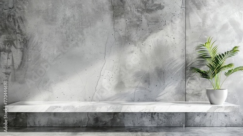 Concrete shelf table and white marble texture board on the light-dark and gray abstract cement wall background for banner copy space. photo